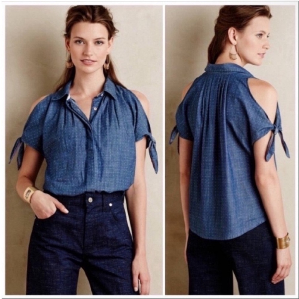 Holding Horses Anthropologie shirt blue chambray polka dots split sleeve ties